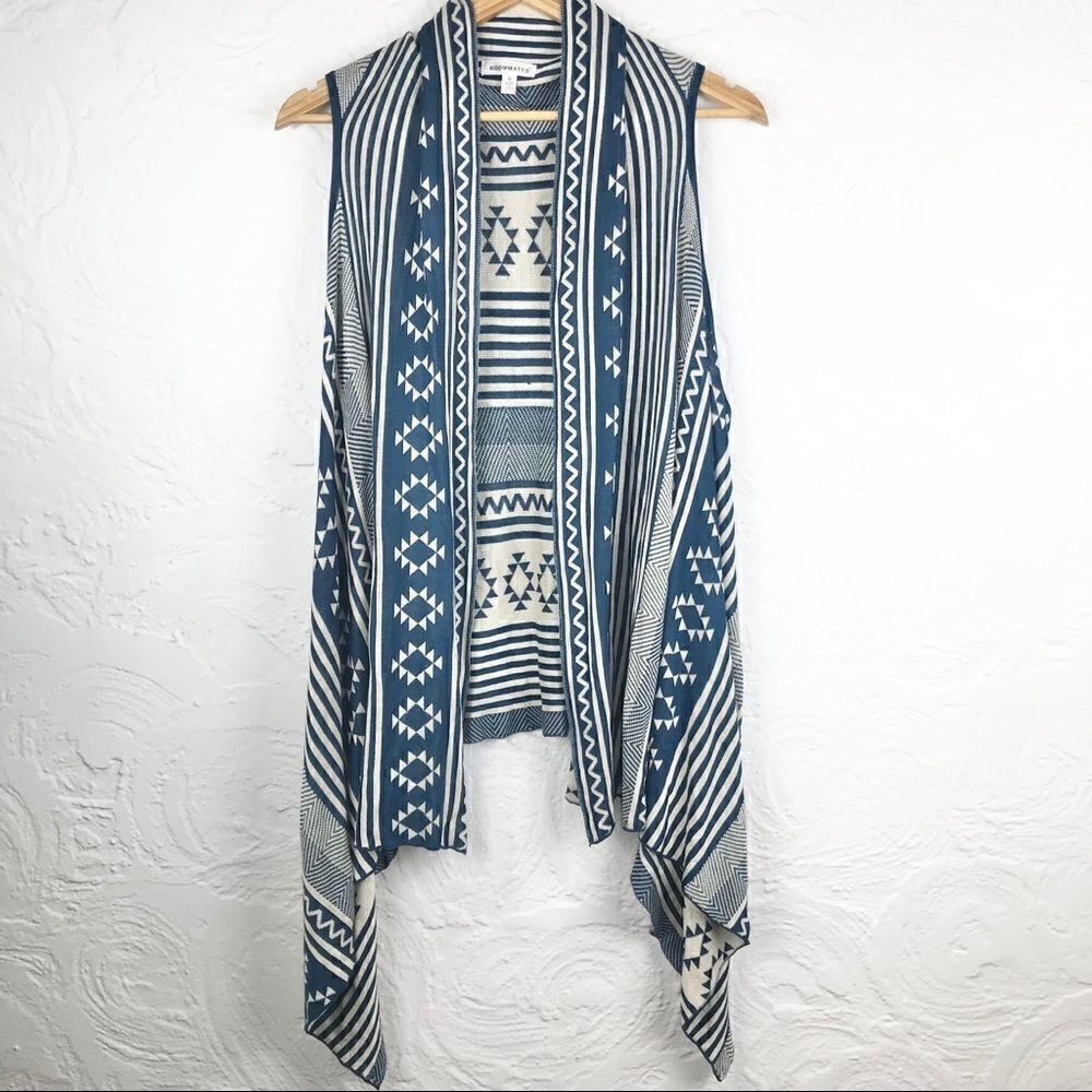 Roommates Blue Aztec print waterfall knit boho vest NEW